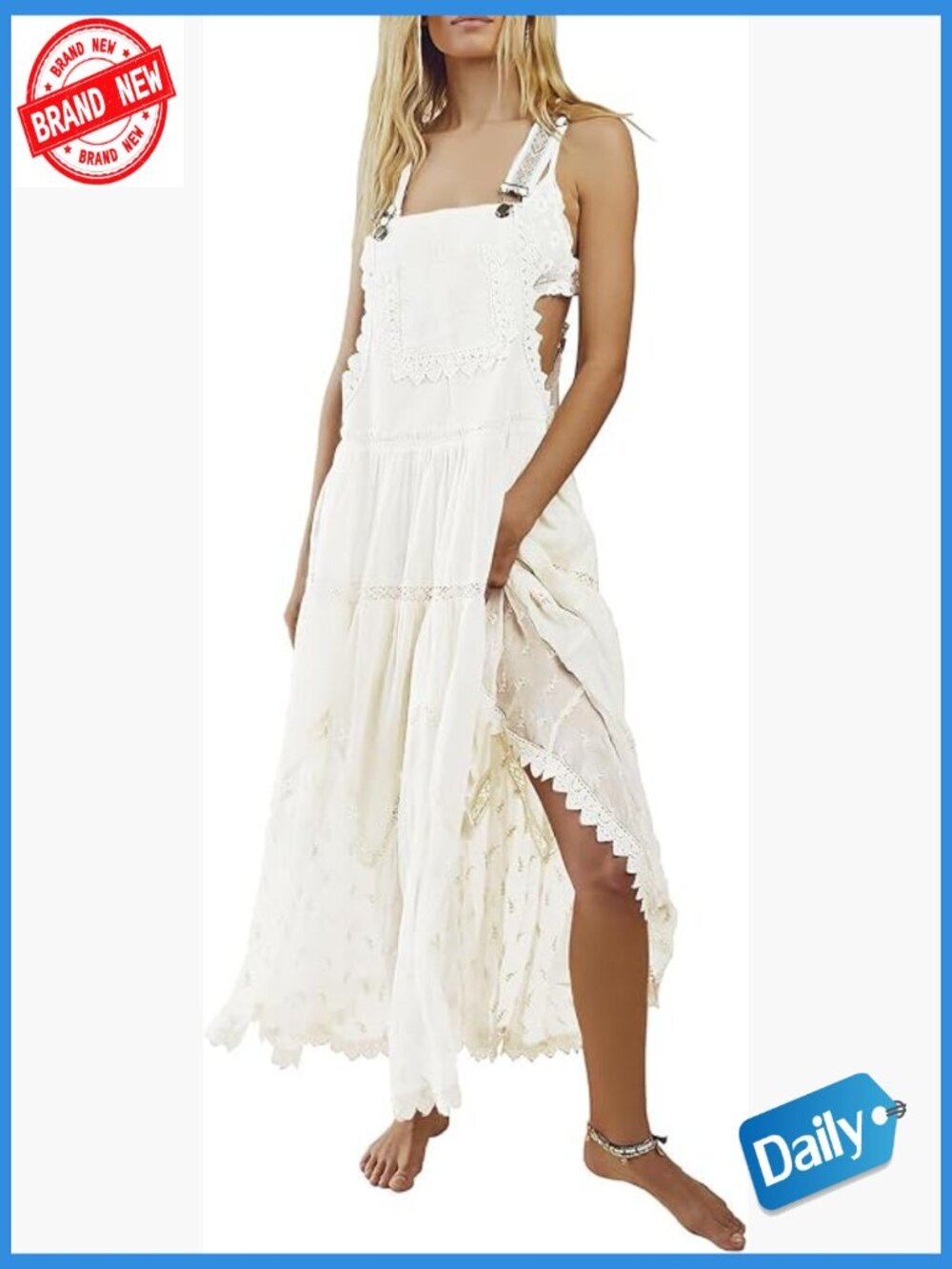 Women's Laced Embroidered Tulle Bib Maxi Dress Loose Adjustable Straps